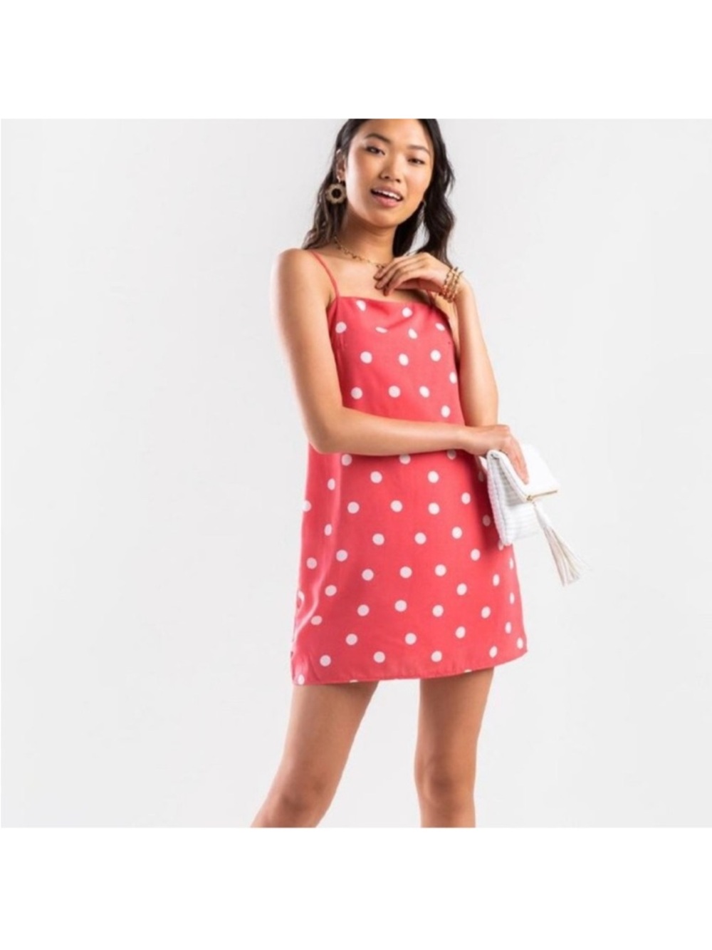 Francesca’s Gema Pink And White Spaghetti Straps Polka Dot Shift Dress